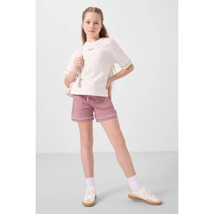 Ekru-Gül Kurusu Pamuklu Yumuşak Dokulu Standart Fit Basic Kız Çocuk Şort Takım - 75183