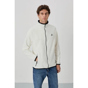 Tommy Life Ekru Yazı Nakışlı Dik Yaka Fermuarlı Standart Kalıp Erkek Sweatshirt Polar - 87992