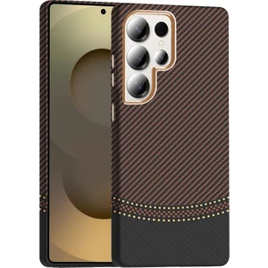 Galaxy S25 Ultra Kılıf M-Safe Şarj Özellikli Karbon Fiber Görünümlü Gkm Gros Kapak - Gold-Siyah