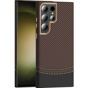 Galaxy S23 Ultra Kılıf M-Safe Şarj Özellikli Karbon Fiber Görünümlü Gkm Gros Kapak - Gold-Siyah