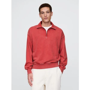 Erkek Kırmızı Heavyweight Oversized Yarım Fermuarlı Pullover