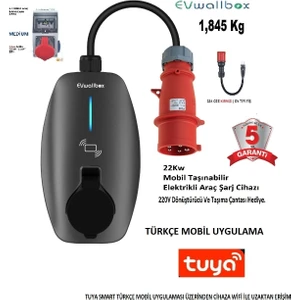 Evwallbox 22KW V3 Türkçe Mobil Uygulama 5 Yıl Garanti, (Tekli Kombinasyon Panosu, Taşıma Çantası ve 220V Dönüştürücü Adaptör)