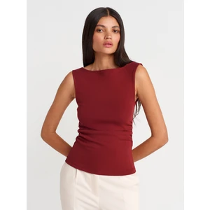 31589 Büzgülü Kayık Yaka Top-Açık Bordo