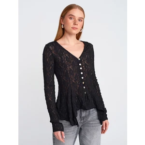 60433 Düğmeli Peplum Dantel Hırka-Siyah