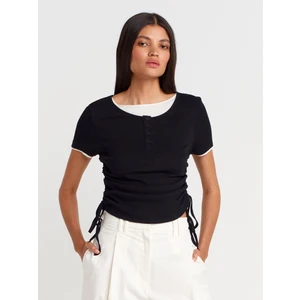 31816 Çift Katlı Büzgülü T-Shirt-Siyah