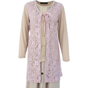 Kadın Yelek Şık ve Modern Kendinden Desenli V Yakalı Önden Bağcıklı Tül Kumaş Rahat Kesim