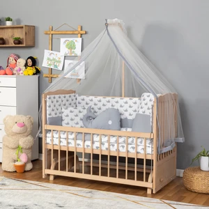Ahşap Organik Beşik Anne Yanı Beşik 3 Kademeli Lüx Bebek Beşiği 60 x 120 cm - Gri Balina Uyku Setli & Soft Yataklı