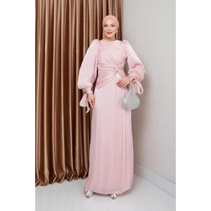 Volan ve Fiyonk Detaylı Kol Ağzı Bağlamalı Yoryo Ipek Tesettür Abiye Elbise Pudra 1224