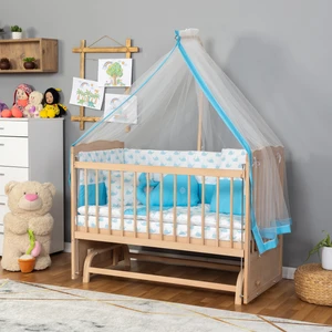 Ahşap Organik Beşik Anne Yanı Beşik 3 Kademeli Lüx Bebek Beşiği 60 x 120 cm - Mavi Balina Uyku Setli & Soft Yataklı