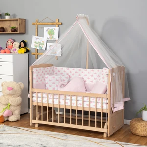 Ahşap Organik Beşik Anne Yanı Beşik 3 Kademeli Lüx Bebek Beşiği 60 x 120 cm - Pembe Balina Uyku Setli & Soft Yataklı