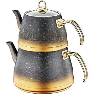 Collection - 8200 ( M ) - 4 Parça - Biogranit, İndüksiyon Taban, Çaydanlık Siyah Gold Gövde, Gold Detay