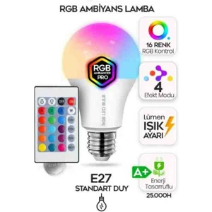 Rgb Kumanda Ampul 9 W 16 Renk E 27 Duylu Standart Duy