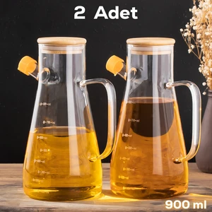 LM-0034 2'li Olivia Bambu Kapaklı Borosilikat Ölçekli Cam Yağlık Silikon Tabanlı Dereceli Yağdanlık 900 ml 