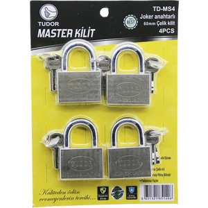 Tudor Td-Ms4 Master 4pcs Joker Anahtarlı=tek Anahtarla 4 Kilit Aç  60MM - Gri Kısa Kancalı Çelik Asma Kilit (5131)