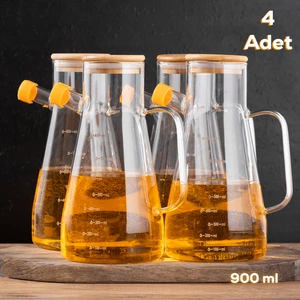 4'Lü Olivia Bambu Kapaklı Borosilikat Ölçekli Cam Yağlık-Yağdanlık 900 Ml