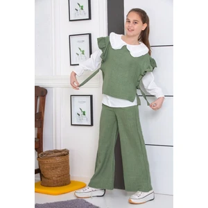 Gömlek Pantolonlu Keten 3 Parça Kız Çocuk Takım