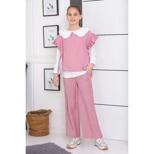 Gömlek Pantolonlu Keten 3 Parça Kız Çocuk Takım