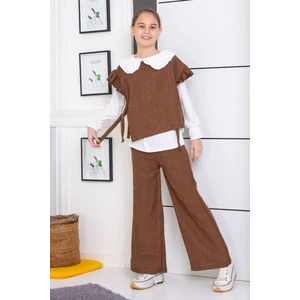 Gömlek Pantolonlu Keten 3 Parça Kız Çocuk Takım