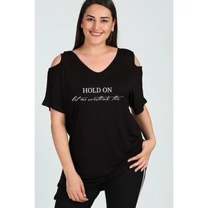 Büyük Beden Overthink Baskılı Omuzu V Pencere Kısa Kol Bluz