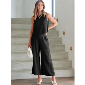 Keten Yazlık Yüksel Bel Capri Pantolon Sırt Detaylı Kolsuz Ikili Takım