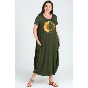 Büyük Beden Sun Flower Baskılı Jumbo Kısa Kol Elbise