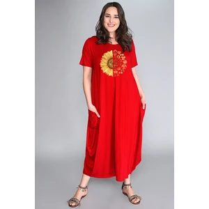 Büyük Beden Sun Flower Baskılı Jumbo Kısa Kol Elbise