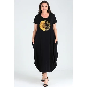Büyük Beden Sun Flower Baskılı Jumbo Kısa Kol Elbise