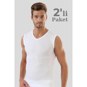 Erkek Beyaz Pamuklu Tişört Sıfır Kol V Yaka Kolsuz Atlet 2'li Paket