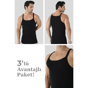 Erkek Siyah İnce Askılı Atlet 3'lü Paket Pamuklu Ribana Esnek Kumaş