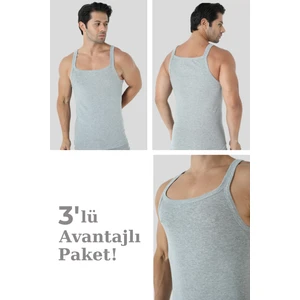 Erkek Gri İnce Askılı Atlet 3'lü Paket Pamuklu Ribana Esnek Kumaş