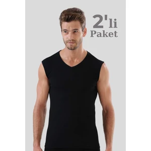 Erkek Siyah Pamuklu Tişört Sıfır Kol V Yaka Kolsuz Atlet 2'li Paket