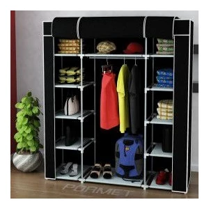 Çift Yandan Raflı Güçlendirilmiş Pvs Plastik Profilli Bez Dolap - Siyah