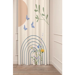 Kelebek Yaprak Çiçek Bej Krem Pastel Özel Tasarım Dijital Baskılı (Tek Kanat) Modern Şık Fon Perde