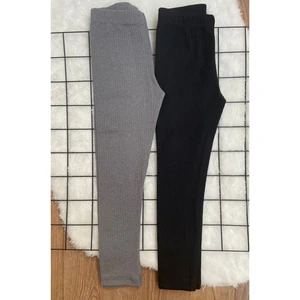 Kız Çocuk Gri Fitilli Şardonlu Yüksek Bel Tayt 2'li Takım – Nefes Alabilen Kumaş, Rahat ve Esnek Hareket Özgürlüğü