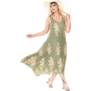 Butik Askılı V Yaka Haki Pano Desen Elbise