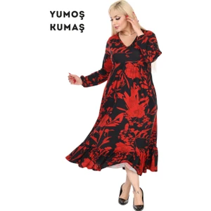 Butik Kışlık Robalı Yumoş Uzun Kollu Kırmızı Yaprak Desenli Cepli Elbise