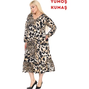 Butik Kışlık Robalı Yumoş Uzun Kollu Kaplan Desenli Elbise