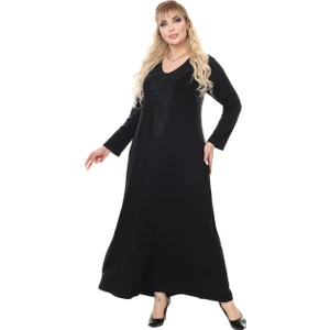 Butik Siyah Uzun Kollu Güpür Yaka Uzun Elbise