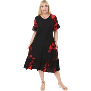 Butik Gelincik Desen Fırfır Detaylı Kısa Kollu Midi Elbise