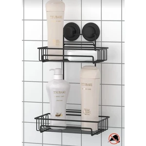 2 Katlı Mat Siyah Yapışkanlı Vakumlu Şampuanlık Banyo Rafı, Duş Rafı, Sabunluk