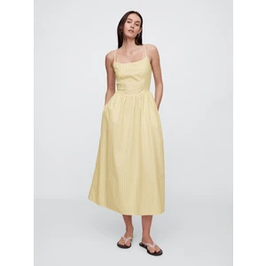 Kadın Sarı Desenli Askılı Midi Poplin Elbise