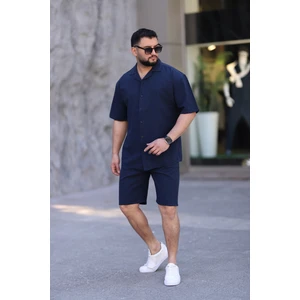 Lacivert Renk Gömlek Şort Erkek Keten Takım Oversize Kalıp