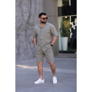 Çağla Yeşili Renk Gömlek Şort Erkek Keten Takım Oversize Kalıp