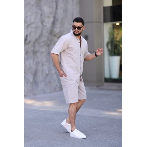 Taş Renk Gömlek Şort Erkek Keten Takım Oversize Kalıp