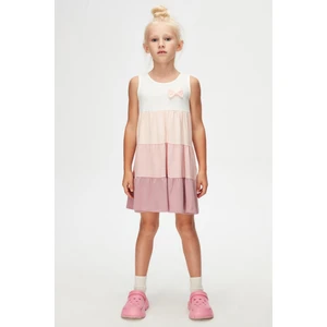 Ekru + Gül Kurusu Renkli Kat Kat Kız Çocuk Askılı Elbise