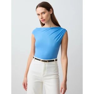 Jimmy Key Mavi Düz Kesim Kayık Yaka Tek Omuzlu Örme Bluz