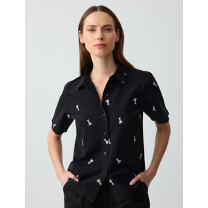 Jimmy Key Siyah %100 Pamuk Kısa Kollu Desenli Dokuma Gömlek