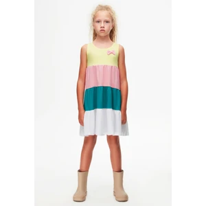 Açık Sarı + Beyaz Renkli Kat Kat Kız Çocuk Askılı Elbise