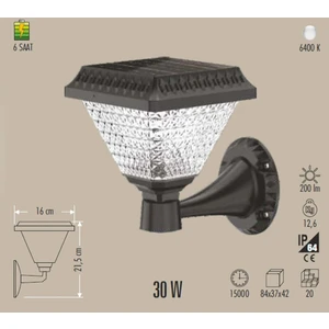 Ct 7316 Solar Bahçe Armatür 30 W 6400 K Beyaz Işık Güneş Enerjili Bahçe Lambası