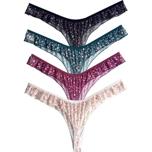 Çiçek Desenli Tül Kenarları Fırfırlı Tanga 4'lü Paket Külot